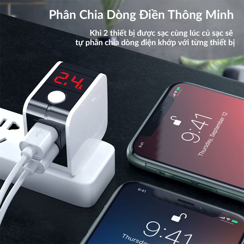 Củ Sạc Nhanh Hoco HK5, Tự Động Ngắt Điện Khi Sạc Đầy, 2 Cổng USB, Sạc Nhanh 2.4A, Màn Hình Hiển Thị LED, Chống Quá Tải