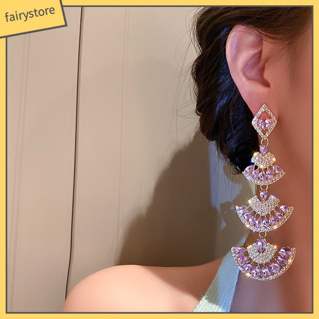 1 Đôi Bông Tai Dài Hình Quạt Đính Đá Lấp Lánh