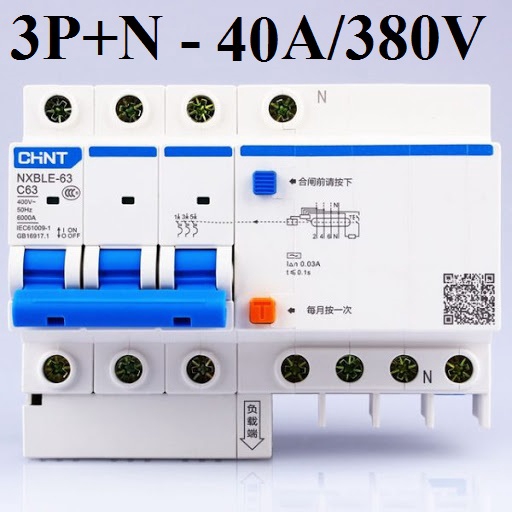 Aptomat chống giật 3P Cầu dao chống giật chống dòng dò 3P+N CHINT NXBE-40A-380V Cb chống giật