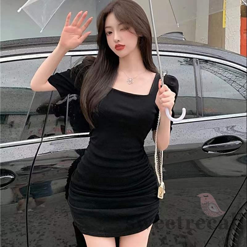 Đầm Tay Phồng Ngắn Cổ Vuông Ôm Dáng Màu Trơn Thời Trang Cho Nữ