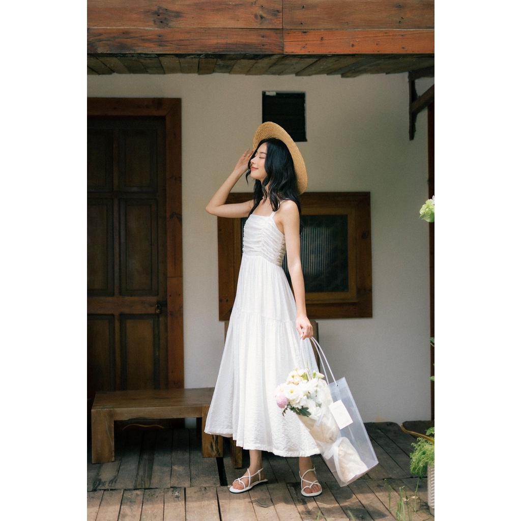 Váy 2 dây dáng dài nữ nhún ngực trắng MADELEN