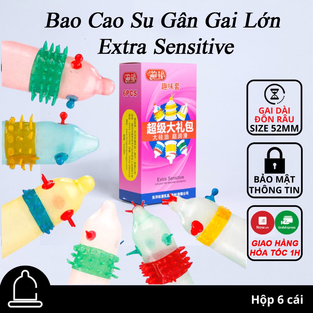 Bao Cao Su Đôn Gân Gai Lớn Extra Sensitive Kéo Dài Thời Gian - Hộp 6 Cái BCS 6 Kiểu