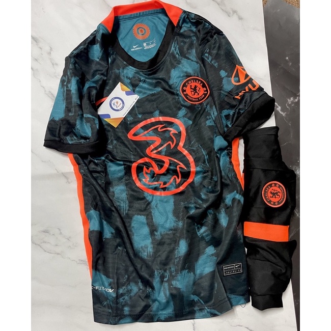 Set bộ quần áo bóng đá chelsea xanh cam đen sân khách away 2021 2022 vải gai mịn