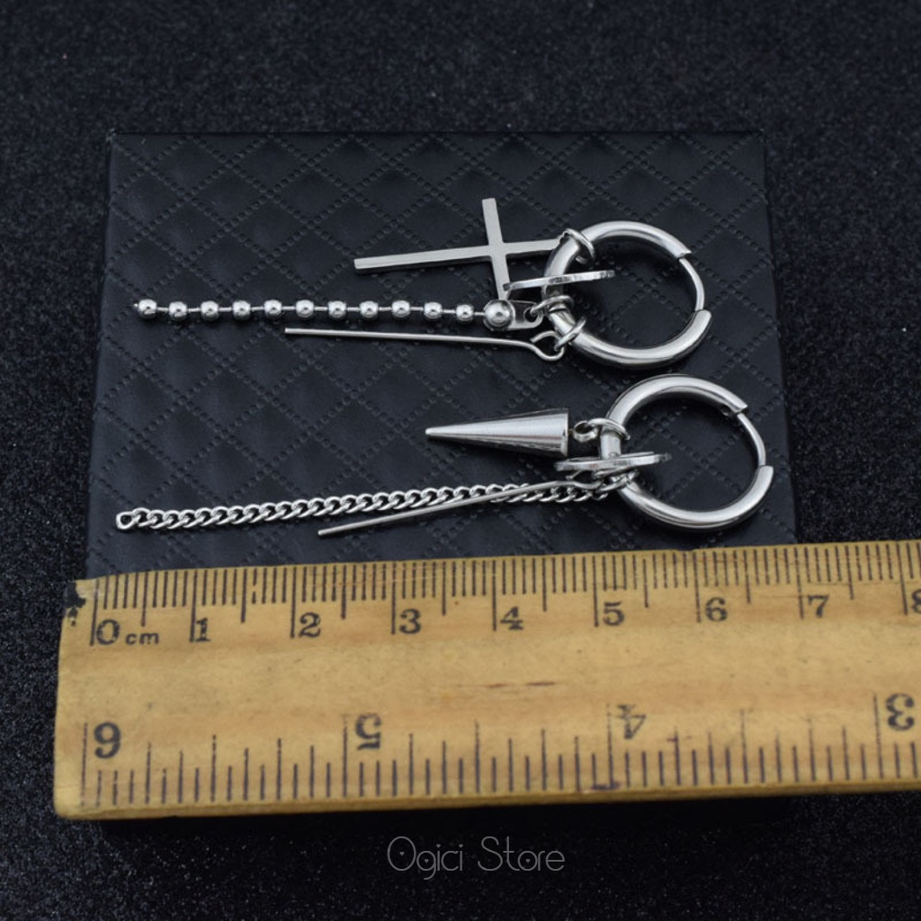 Bông tai, Khuyên tai nam nữ thép không gỉ dáng tròn thả chuỗi dây phối hình học thời trang hàn quốc, Unisex, 1 chiếc