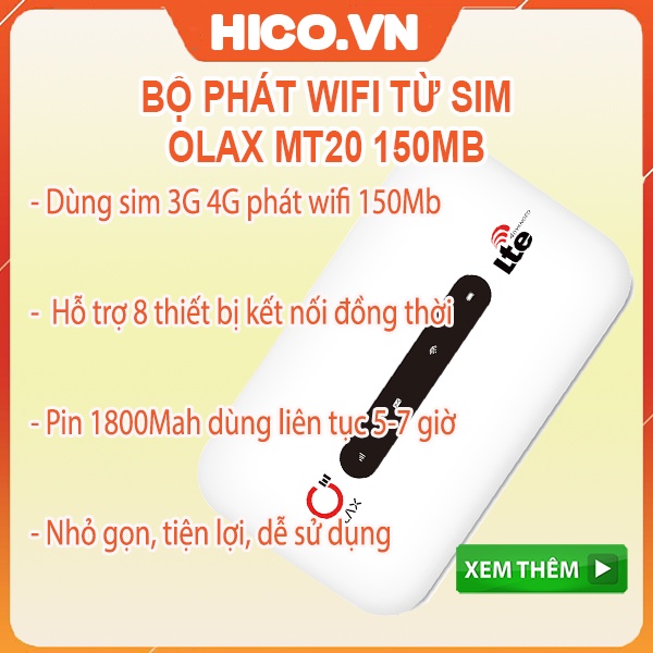 Bộ Phát Wifi 4G ZTE , Cục phát wifi 4G Olax MT20 Wd680 Tốc Độ 150Mpbs hỗ trợ tất cả nhà mạng - Nhỏ gọn tiện lợi