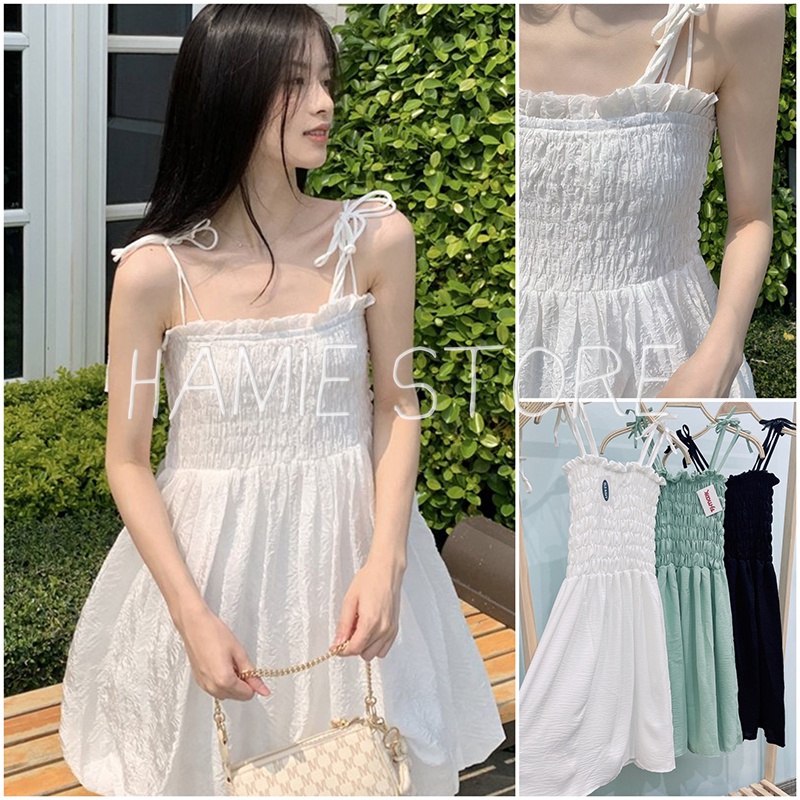 Đầm xòe nữ 2 dây chun ngực nơ vai HHG207, váy hàn quốc tiểu thư dáng ngắn đi biển đi chơi nhẹ nhàng bánh bèo
