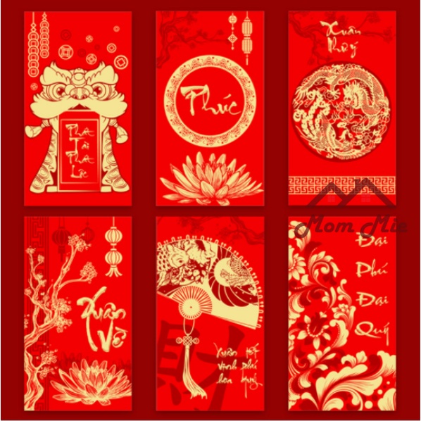 Bộ 6 bao lì xì Tết đỏ tươi in chữ vàng nổi bật - LX011