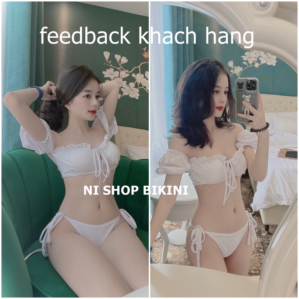 Bikini nữ 2 mảnh tay cộc trễ vai bèo quần tam giác và cạp cao R08