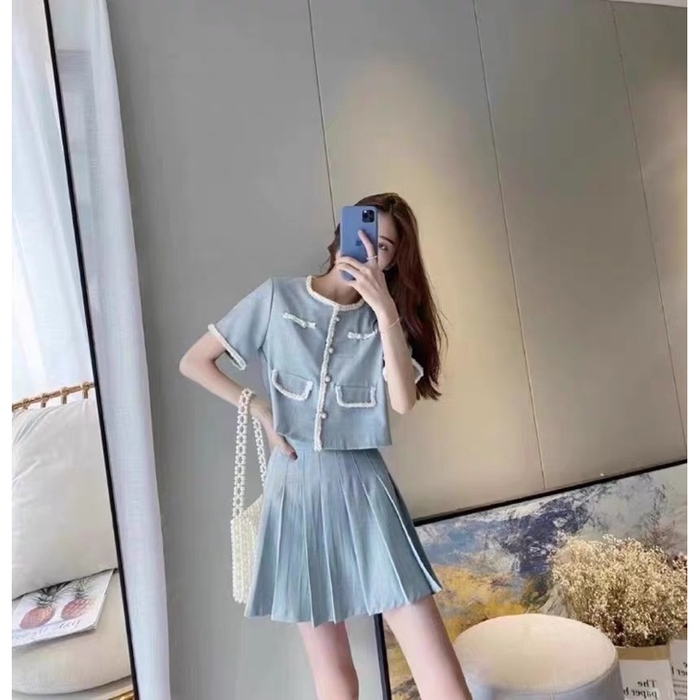 SET áo khoác tiểu thư mỏng+ chân váy xếp ly màu xanh mint sang trọng đính cúc ngọc túi nắp Hàn Quốc