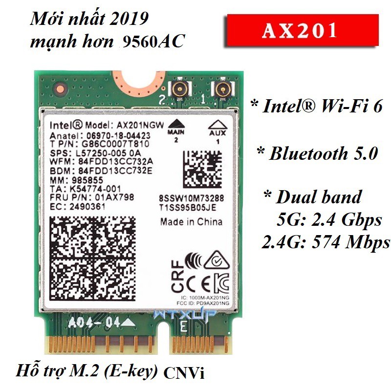 Card Intel Wi-Fi 6 AX201NGW Bluetooth 5.0 NGFF Key-E CNVi Băng Tần Kép 2400Mbps