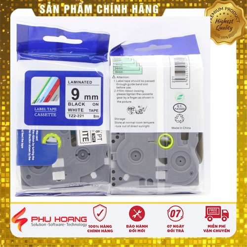 Băng nhãn Brother Nhãn in Hze-221 , 9mm*8m, chữ đen nền trắng, Black on White