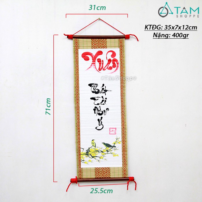 Liễn thư pháp viết tay mành tre chủ đề Tết Xuân D70cm T-LTP-05