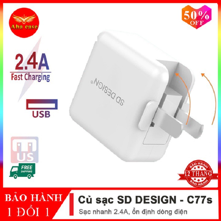 Củ sạc nhanh C77s chính hãng SD DESIGN Chân Gập 90 độ tiện lợi tương thích nhiều dòng điện thoại, sạc dự phòng, tai nghe