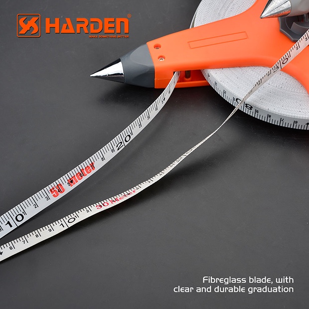 Thước dây cuộn sợi thủy tinh Harden 50mx12.5mm, thước cuốn đa năng vỏ nhựa ABS bọc cao su siêu bền, tốc độ cuốn nhanh