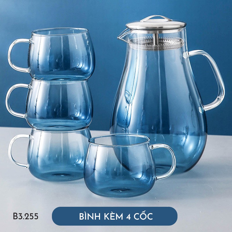 Bình nước thủy tinh - bộ bình kèm 4 ly thủy tinh và giá tre gỗ - quà tân gia đẹp