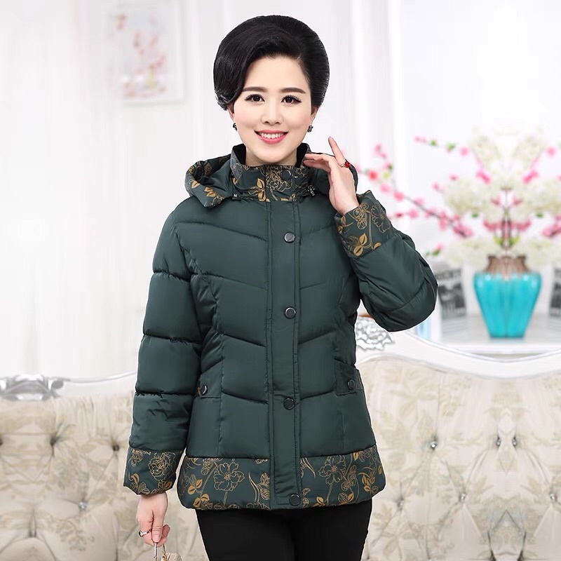 Áo phao trung niên cho mẹ và bà, áo khoác trung tuổi có mũ hàng quảng châu cao cấp