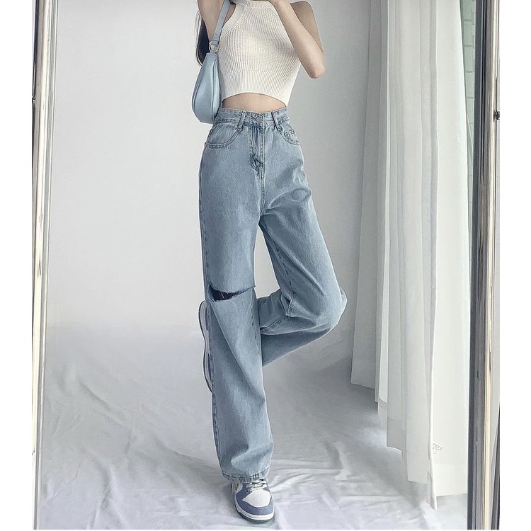QUẦN JEANS ỐNG RỘNG NỮ LƯNG CAO RÁCH ĐÙI PHẢI MÀU XANH NHẠT LAI CUỐN CÁ TÍNH HOT HIT HADI PHÁ CÁCH