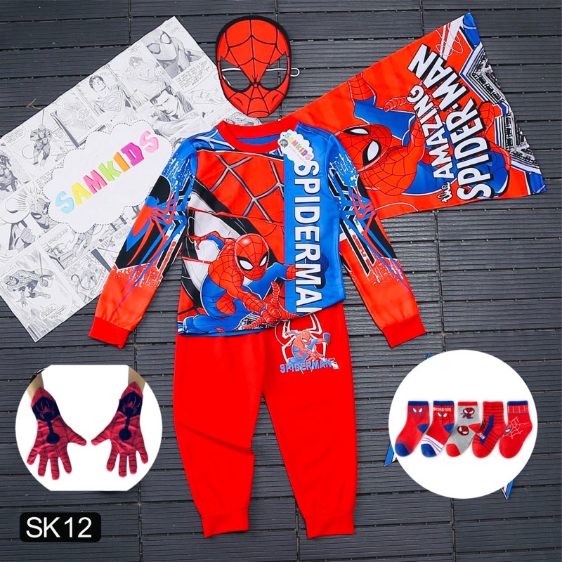 Full set kèm vớ găng tay Bộ quần áo siêu nhân nhện kèm choàng mặt nạ thumbnail