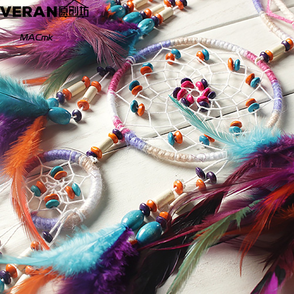 Dreamcatcher thiết kế 5 vòng phối lông vũ thủ công truyền thống treo trang trí phòng MAC1