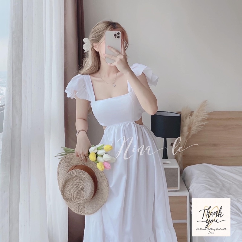 Váy thô maxi nữ nơ lưng tay cánh tiên form dáng xuông - Đầm maxi nơ tay hở lưng cho nữ | BigBuy360 - bigbuy360.vn
