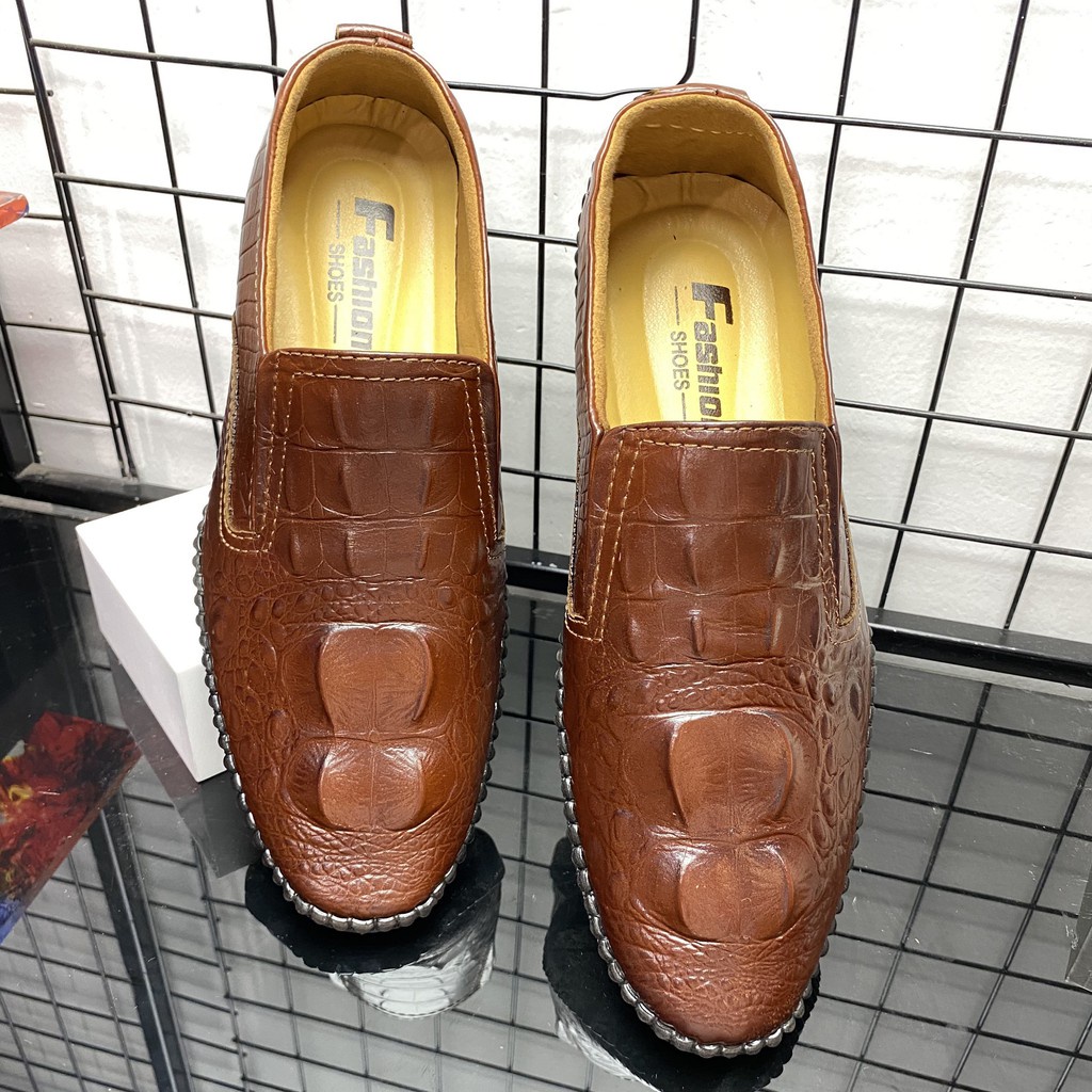 Giày Lười Nam Da Bò Vân Chân Cá Sấu Da Thật 100% Đế Cao Su Đúc Khâu Chỉ Dù Chắc Chắn Phong Cách Trẻ Trung Năng Động