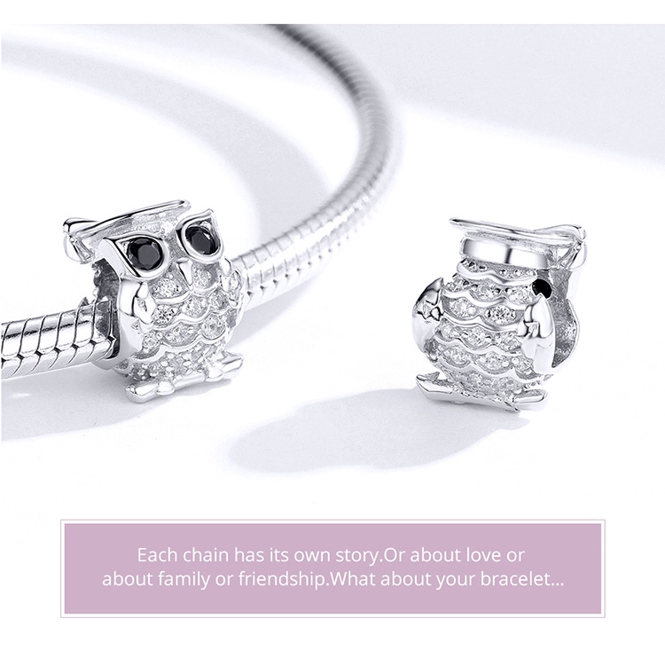 Hạt charm Bamoer bằng bạc 925 hình chim cú xinh xắn làm vòng đeo tay cho nữ