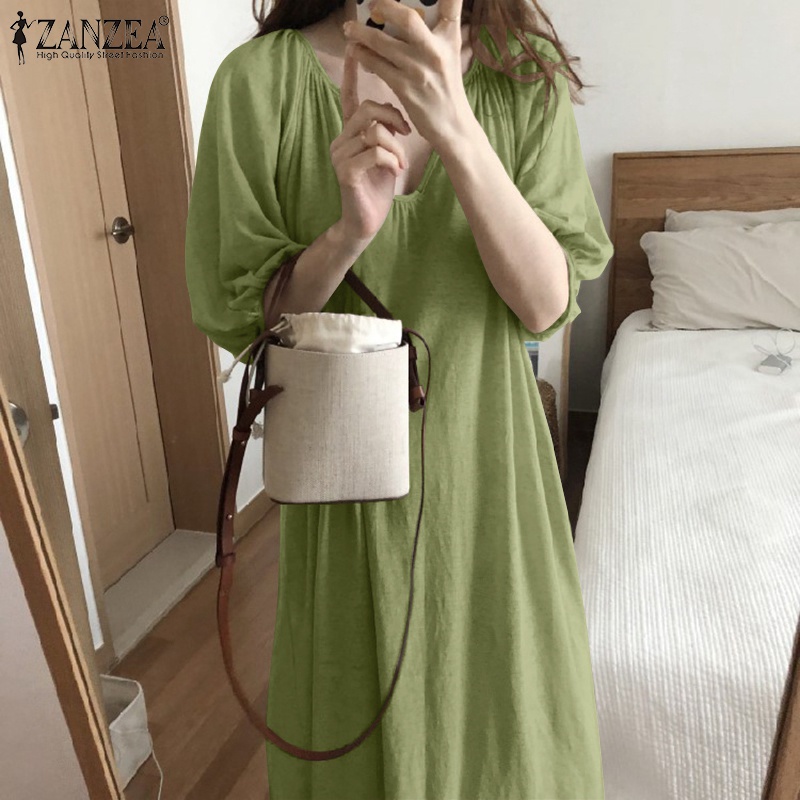 Đầm dài ZANZEA tay lửng cổ chữ V màu trơn thời trang cho nữ
