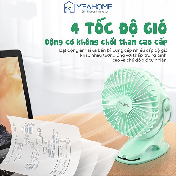 [Mã LTP50 giảm 50000 đơn 150000] Quạt sạc mini kẹp xe đẩy YOOBAO Y-F04 6400 mAh Xoay 720 độ đa năng