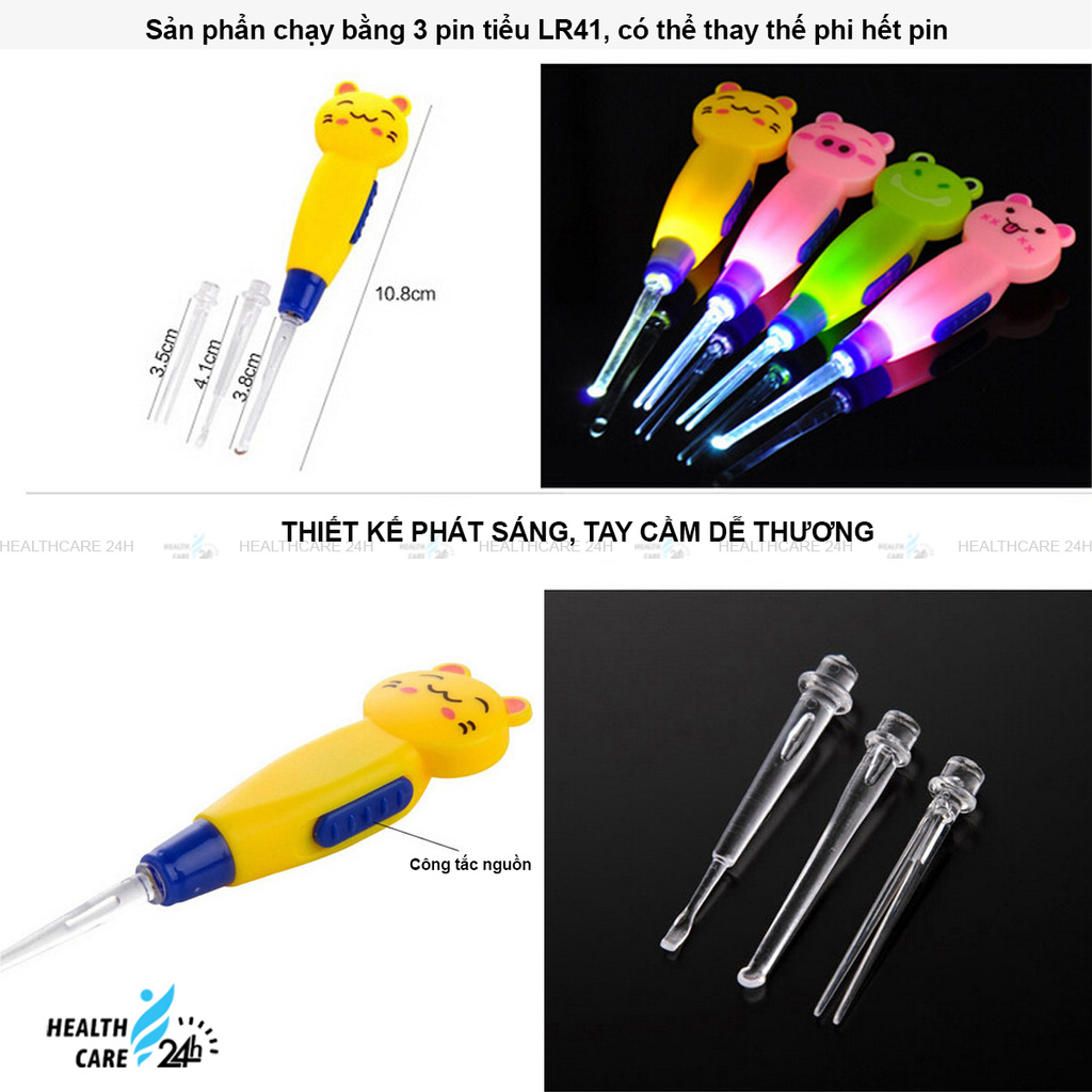 Cây Lấy Ráy Tai Phát Sáng, Dụng Cụ Lấy Ráy Tai Có Đèn - Tay Cầm Ngộ Nghĩnh - 3 Đầu Thay Dễ Tháo Lắp