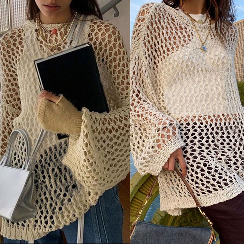Áo Sweater Dệt Kim Tay Dài Dáng Rộng Cổ Tròn Hở Vai Kiểu Retro Thời Trang Mùa Hè