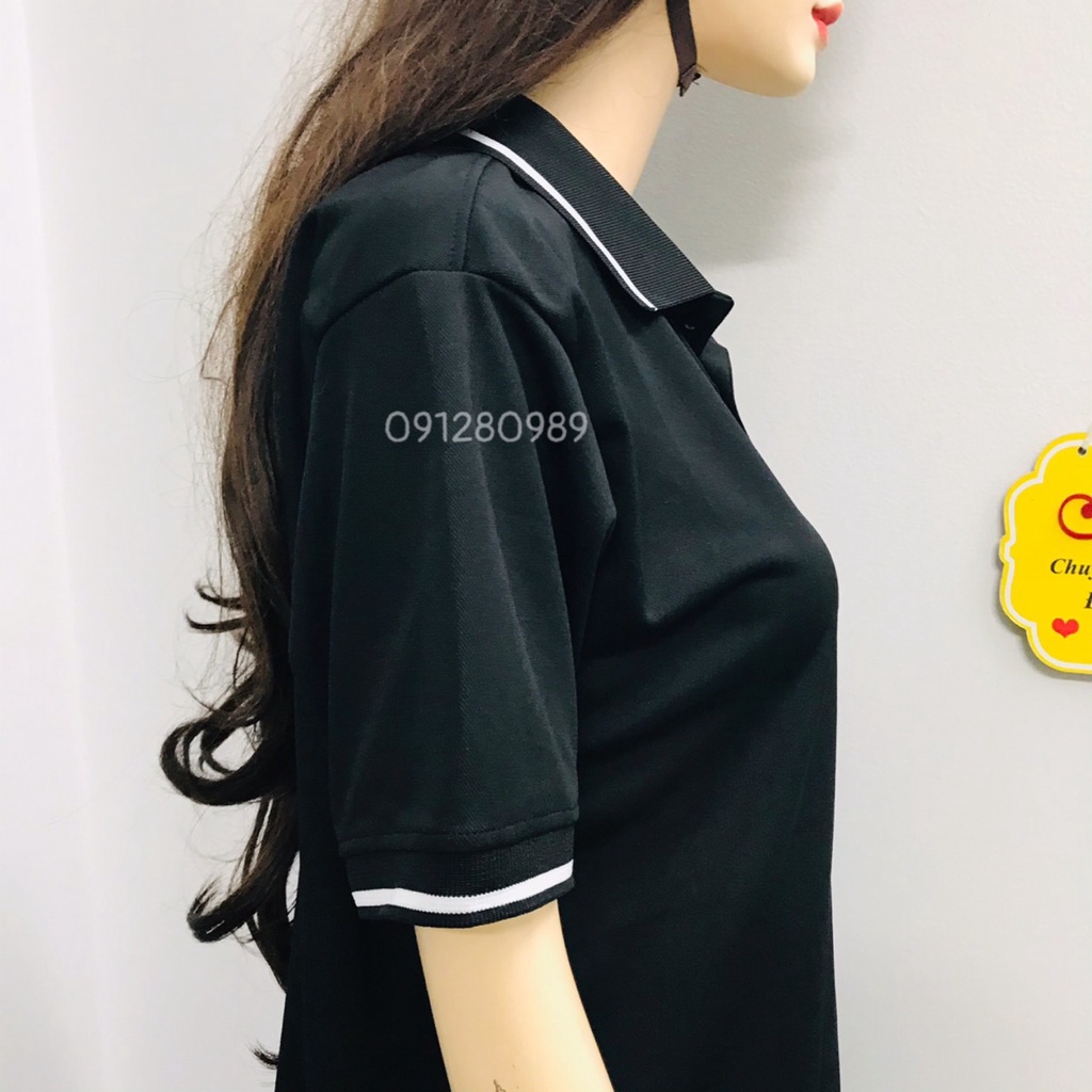 Áo Thun có cổ nam nữ vải thun cá sấu mè màu đen _ Hình chụp thật