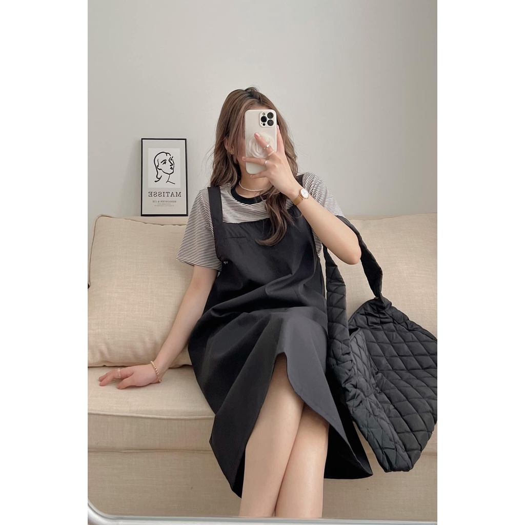 Set yếm kaki dáng dài kèm áo phông cổ tròn kẻ sọc 2 màu xinh xắn phong cách Hàn quốc