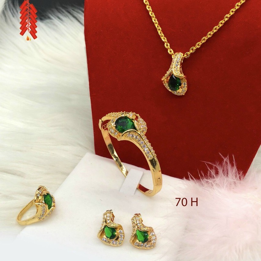 Bộ Trang Sức 5 Món Hoa Ly Đá Xanh Lá - Đủ Size, Chuẩn Màu Vàng, Hàng Y Hình