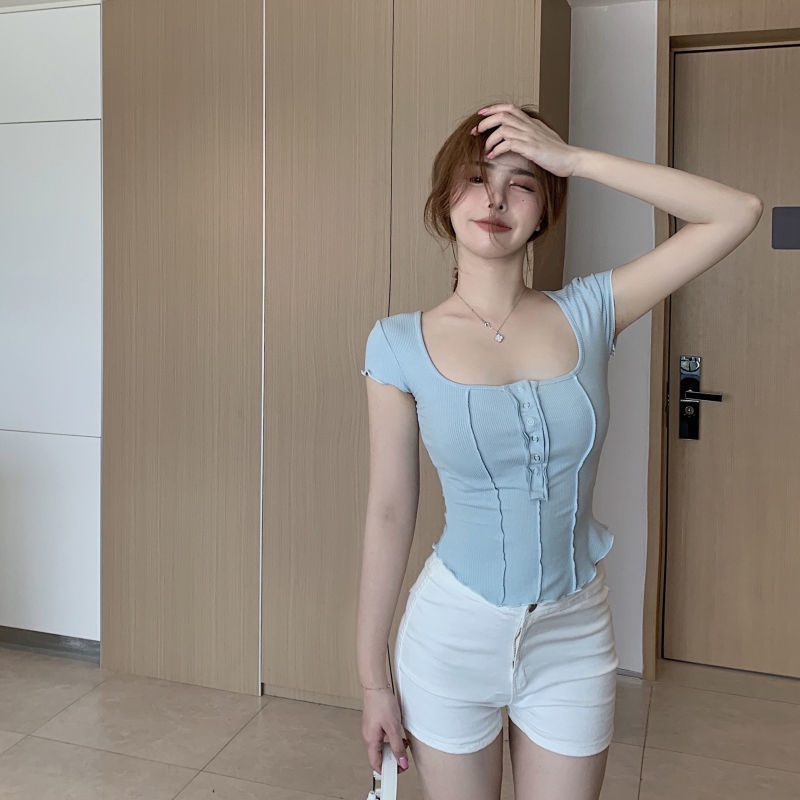 Áo thun COZOK ngắn tay cổ chữ u màu sắc đơn giản cho nữ