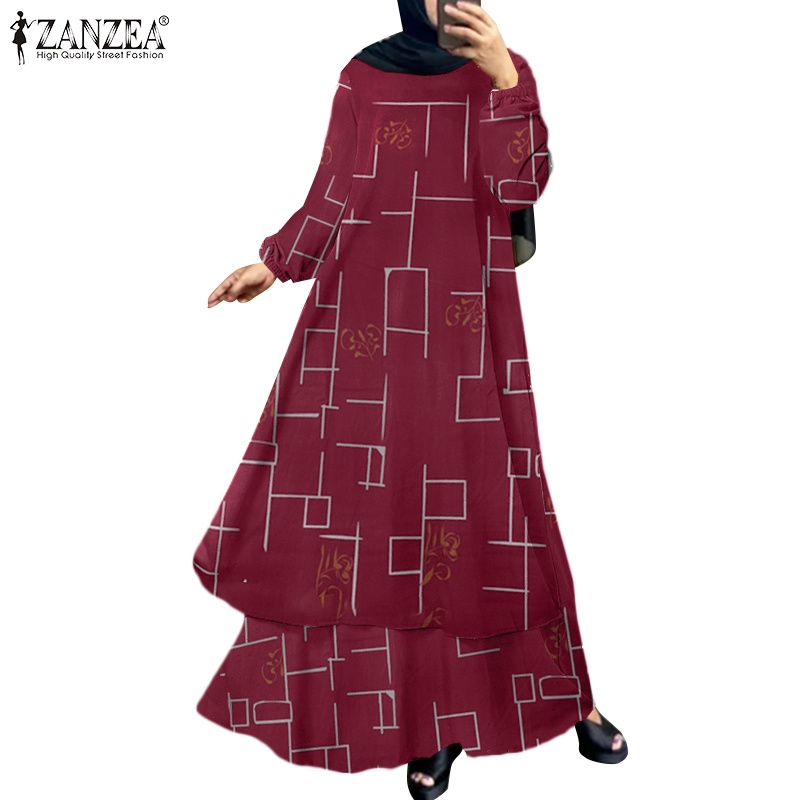 Zanzea Đầm Dài Hai Lớp Tay Phồng In Họa Tiết Thời Trang Cho Nữ