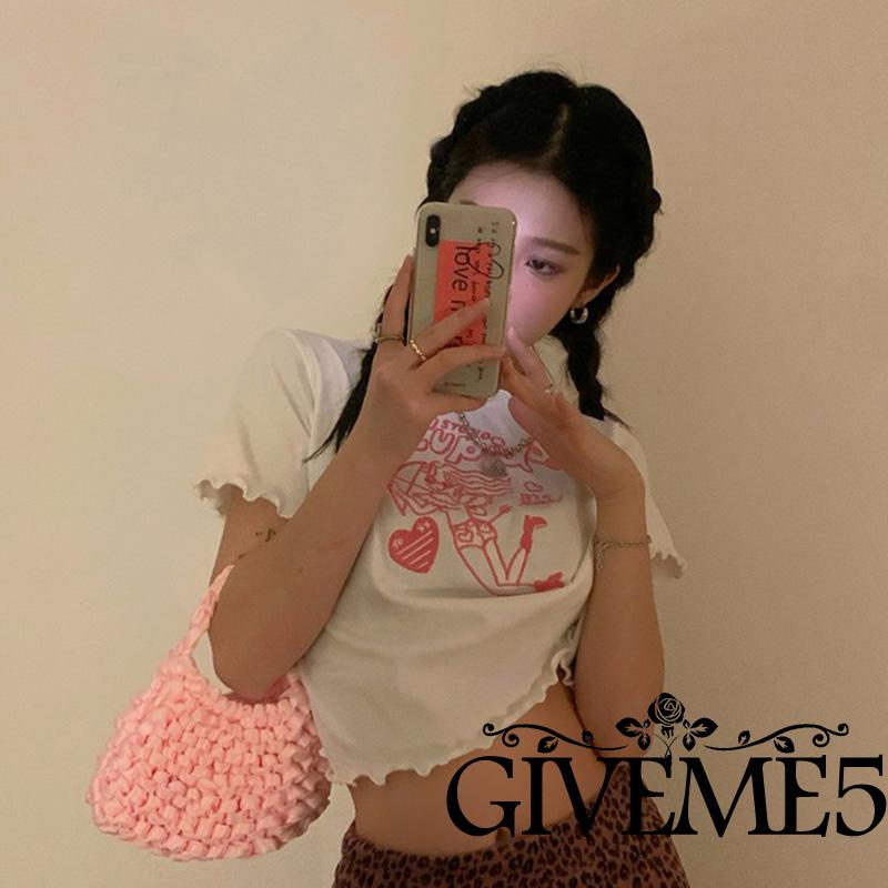 Áo Thun Lửng Ngắn Tay Thêu Họa Tiết Thời Trang Cho Nữ