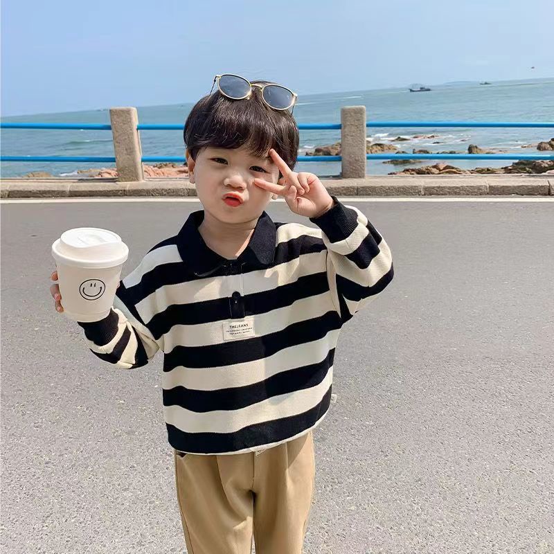 Áo Thun Polo Họa Tiết Kẻ Sọc Trắng Đen Phong Cách Hàn Quốc Thời Trang Mùa Thu 2022 Cho Bé Trai