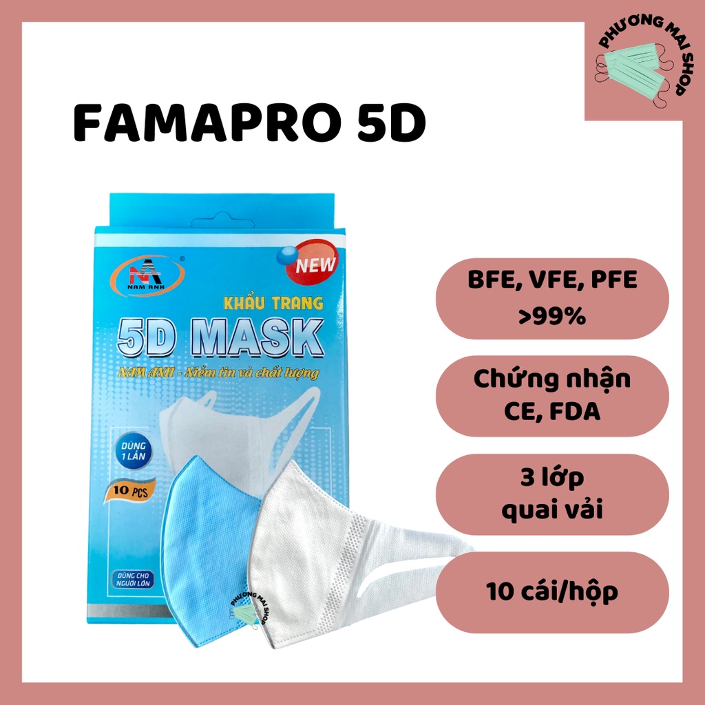 [5D MASK] Khẩu Trang Y Tế kháng khuẩn 3 lớp Famapro 5D quai vải - Hộp 10 cái