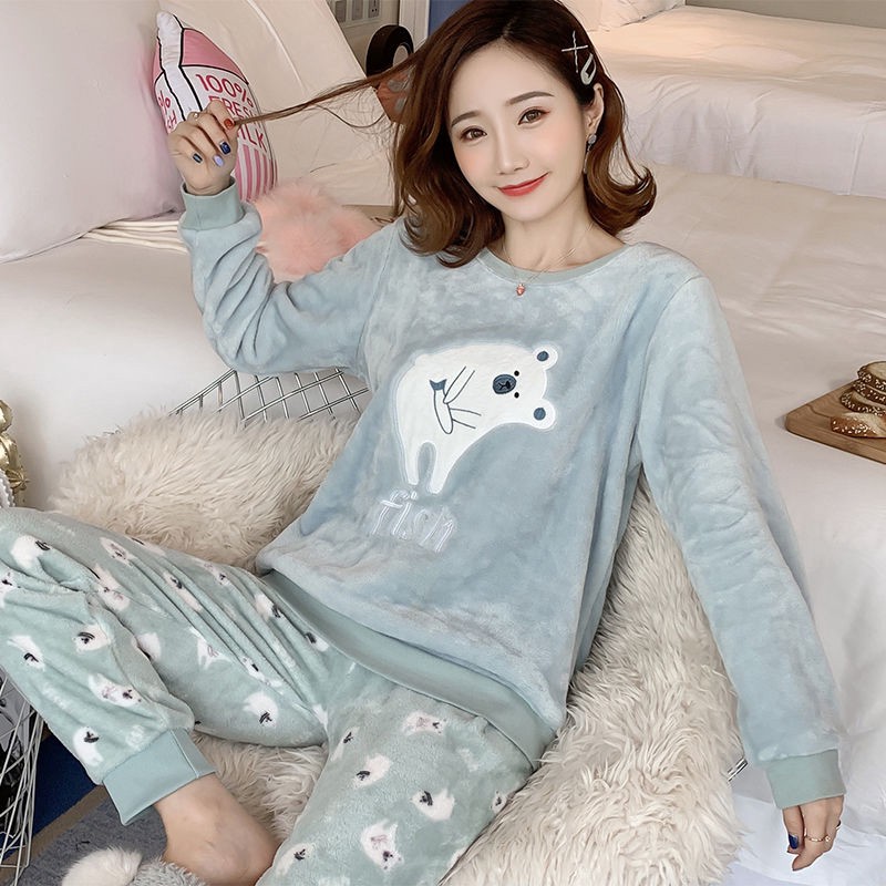 Bộ Đồ Ngủ Vải Flannel Tay Dài In Hoạt Hình Mèo Máy Doraemon Dễ Thương Cho Nữ