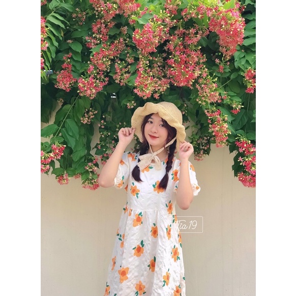 Váy babydoll hoa cam ulzzang Tia19. Đầm hoa cam ulzzang (ảnh thật).