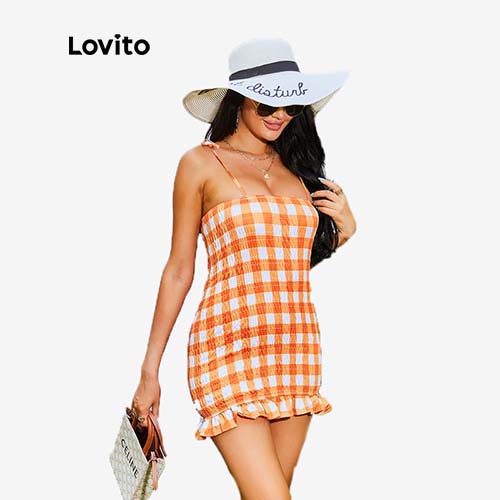 819 VN Delisted 7/27DelistĐầm Lovito polyester dáng bút chì hai dây phối caro viền xòe mùa hè ngày thường L01030 (Màu cam )