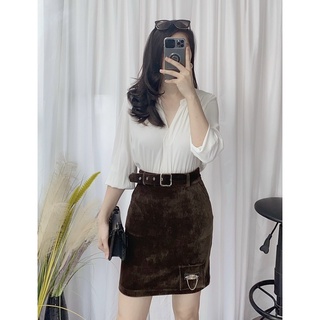 Chân váy nhung tăm - co giãn - kèm đai