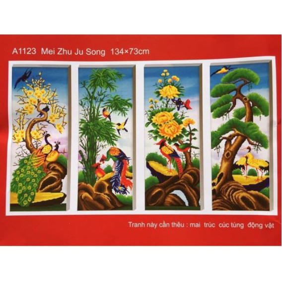 Tranh thêu chữ thập tứ quý Tùng cúc trúc mai  A1123 (KT: 32 x 73 x 4 cm)