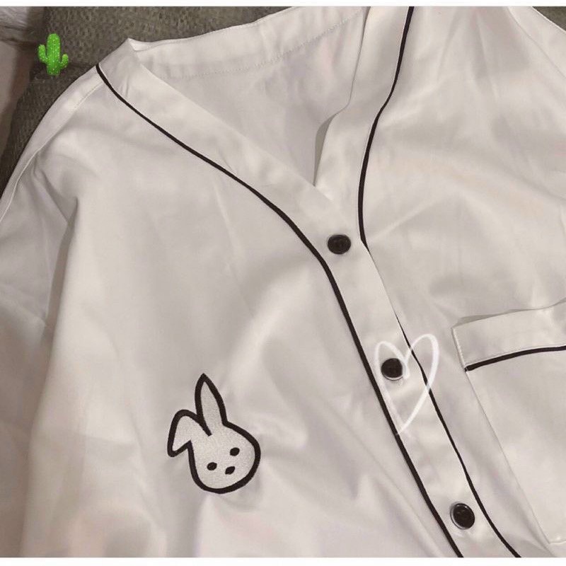 Áo Sơ Mi Tay Lỡ 𝐁𝐔𝐍𝐍𝐘 THÊU THỎ Chất Kate Form rộng Unisex Nam/Nữ Phong Cách Hàn Quốc Ulzzang NUPAKACHI