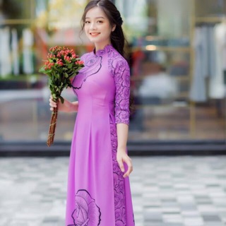 Vải áo dài hoa hồng tím siêu xinh vải tằm ý