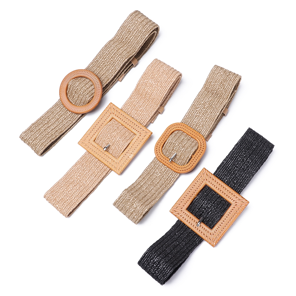 PP Straw Woven Wide Belt Dress Shirt Casual Elastic Wooden Buckle Jade Clasp Braided Strap