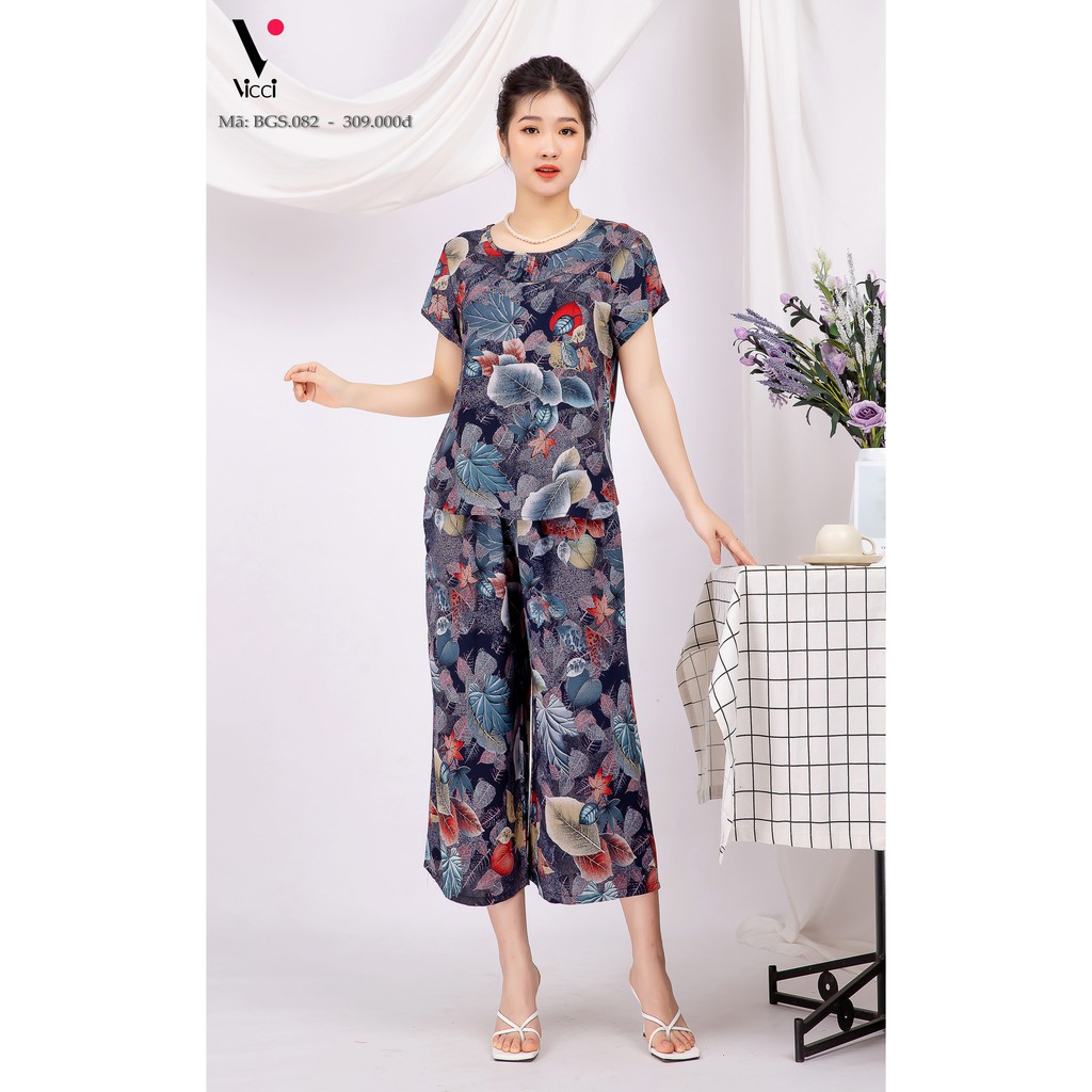 Bộ đồ mặc nhà trung niên lanh nhung Vicci áo cộc,quần ống sớ BGSM.082 nhiều họa tiết