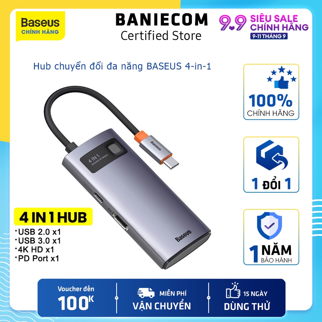 Bộ chuyển đổi hub baseus 4 in 1 typec to hdmi 4k usb 3.0 usb 2.0 pd 100w cho laptop macbook chính hãng baseus