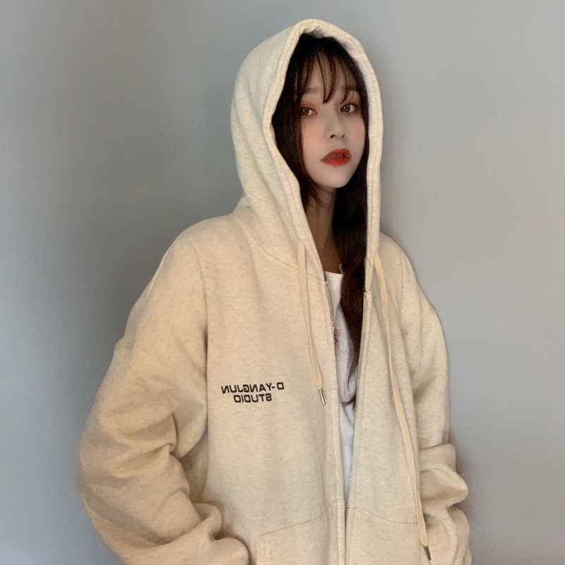 Áo Khoác Hoodie Dáng Rộng Có Dây Kéo Phong Cách Mùa Đông Hàn Quốc Cho Nữ