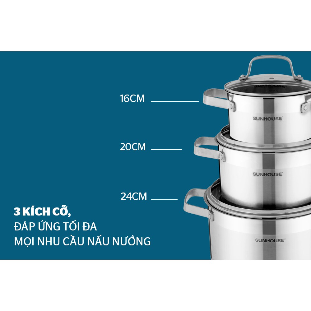 Bộ 3 nồi Inox cao cấp 5 đáy từ Sunhouse SH780